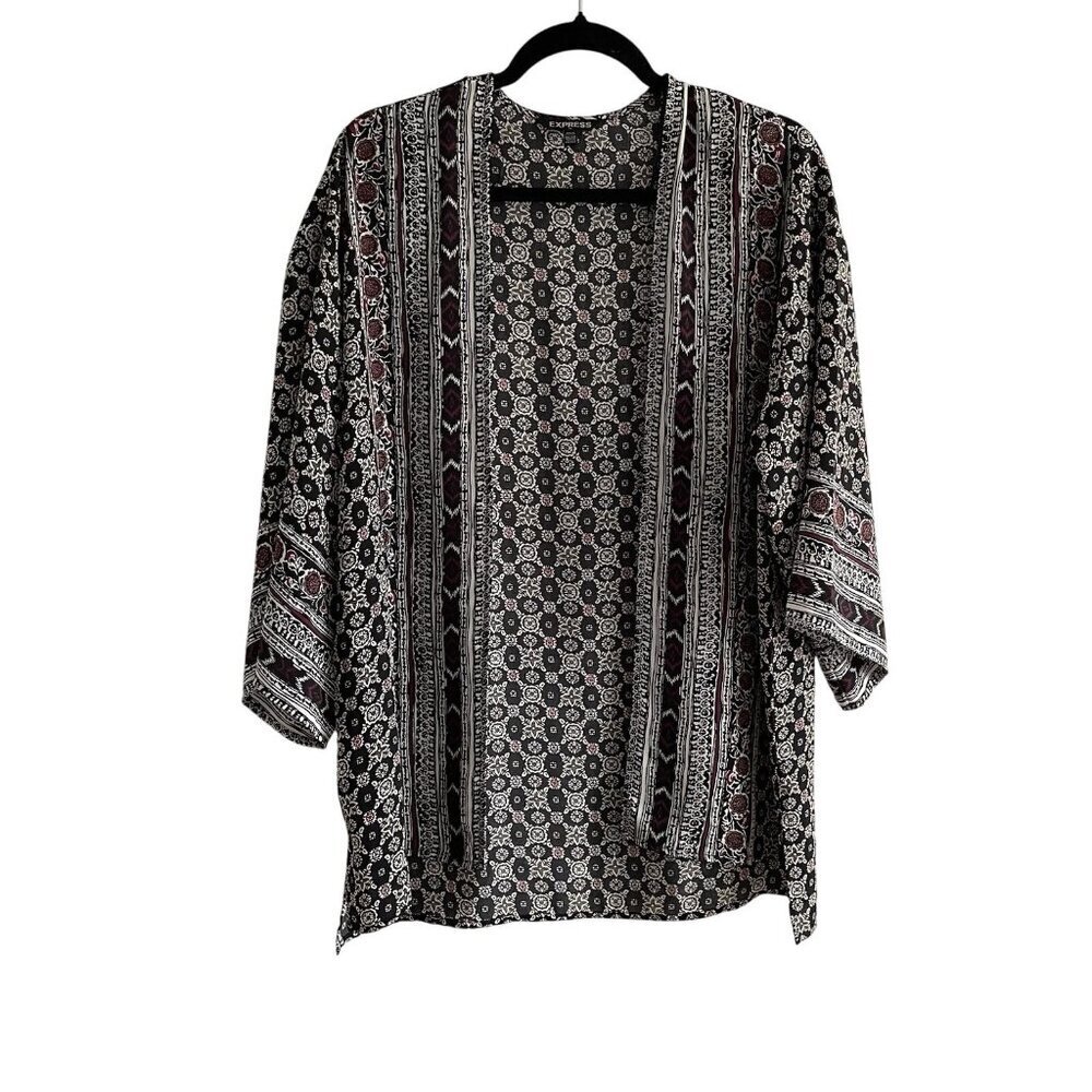 Express Women One Size Black Border Print Boho Festival Open Front Kimono